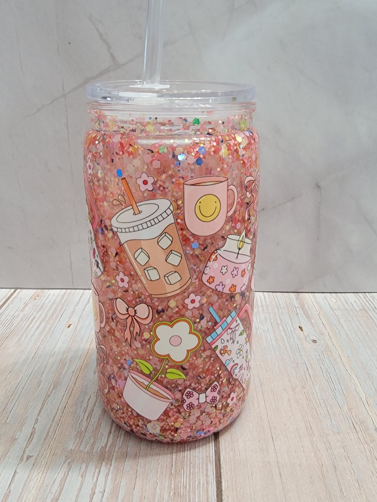 Pink Sips & Smiles 16 oz Glitter Snowglobe Cup