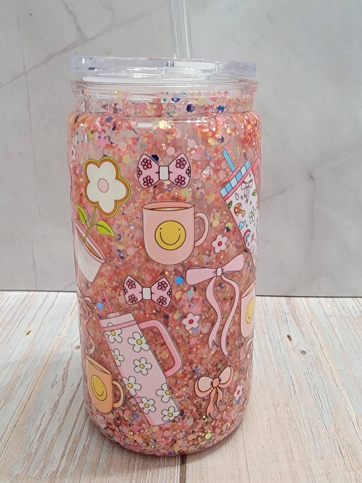 Pink Sips & Smiles 16 oz Glitter Snowglobe Cup