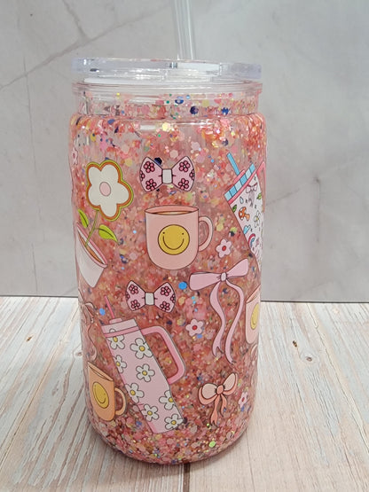 Pink Sips & Smiles 16 oz Glitter Snowglobe Cup