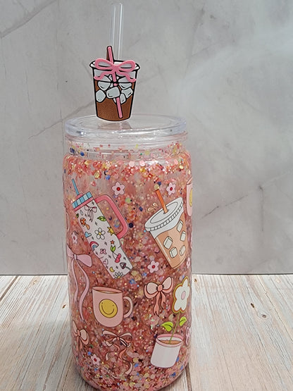 Pink Sips & Smiles 16 oz Glitter Snowglobe Cup