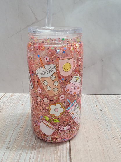 Pink Sips & Smiles 16 oz Glitter Snowglobe Cup
